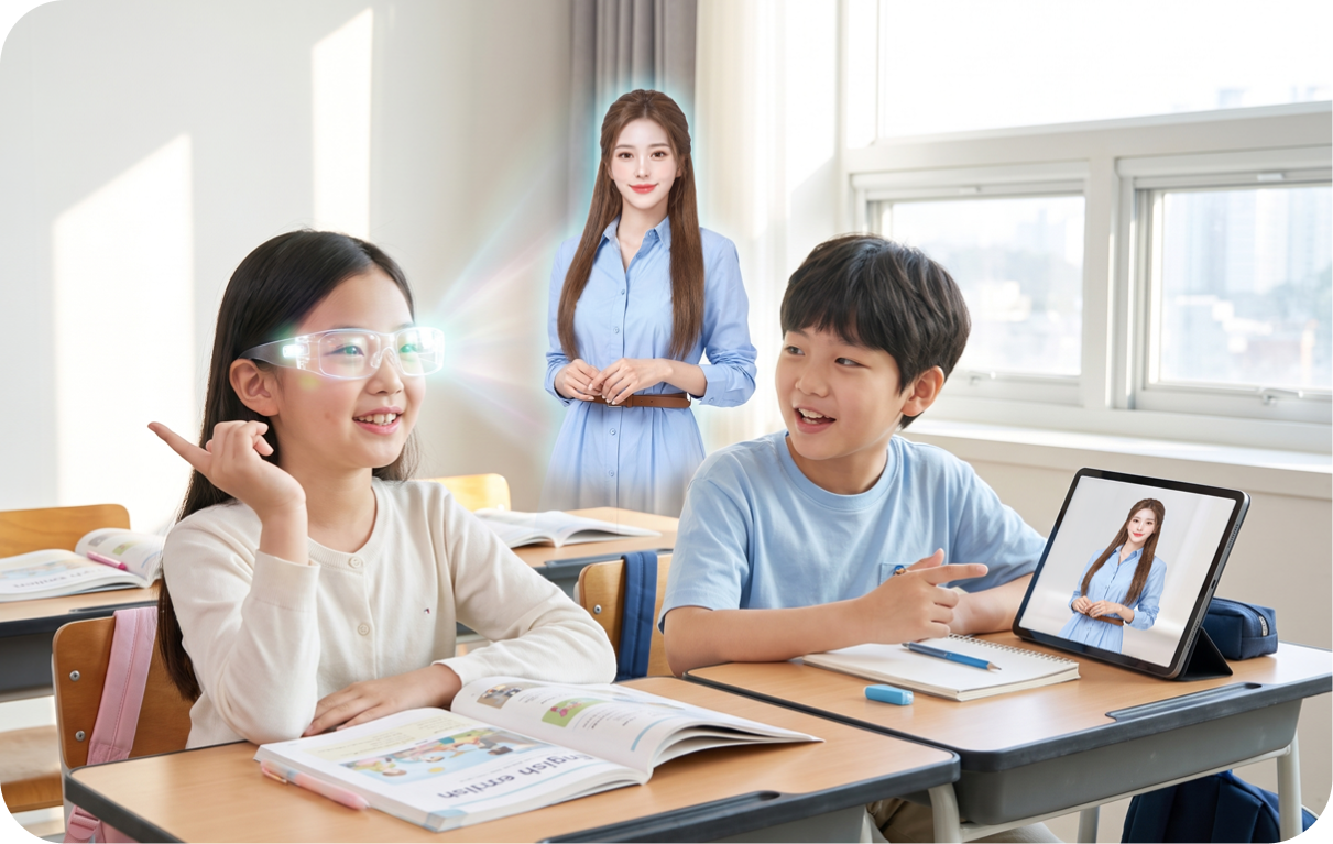 스마트글라스와 AI 디지털휴먼을 활용해 교실에서 학습하는 어린이들